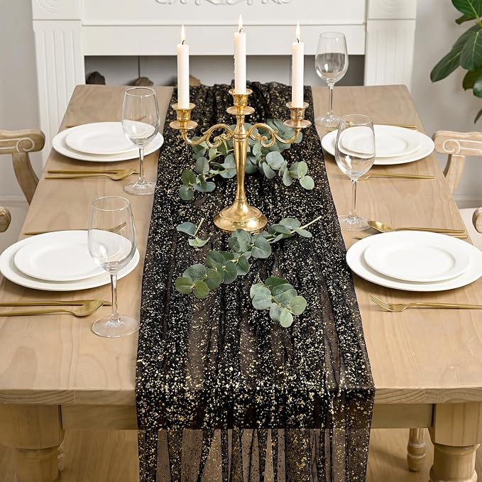 Artoid Mode Black Gold Gauze Table Runner 59x120 Inch 10FT, Glitter Metallic - Image 3