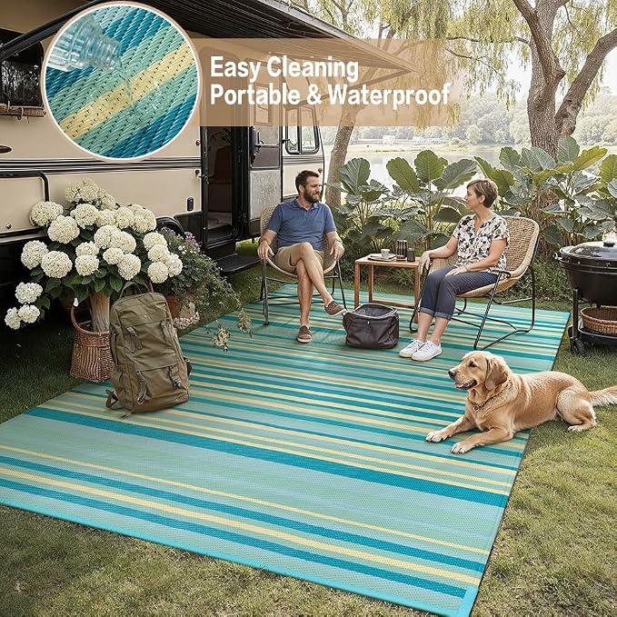 Outdoor Plastic Straw Rug Waterproof Patio 6x9 Teal Yellow Stripe Mat - Image 7
