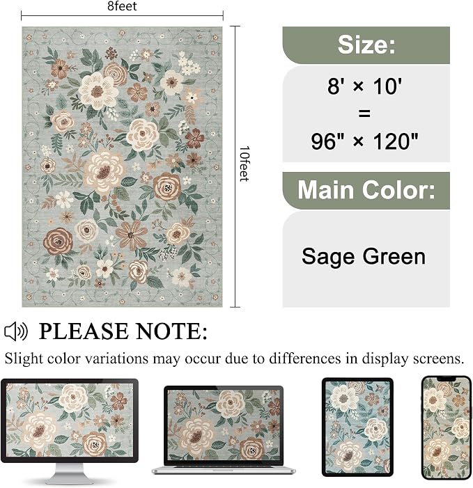 DUKINO 8x10 Area Rug, Floral Rugs - Image 2