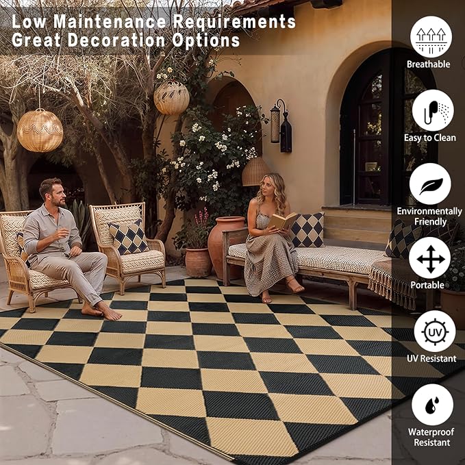 Outdoor Plastic Checkered Rug Waterproof Patio 5x8 Black Brown Diamond Geometry - Image 3