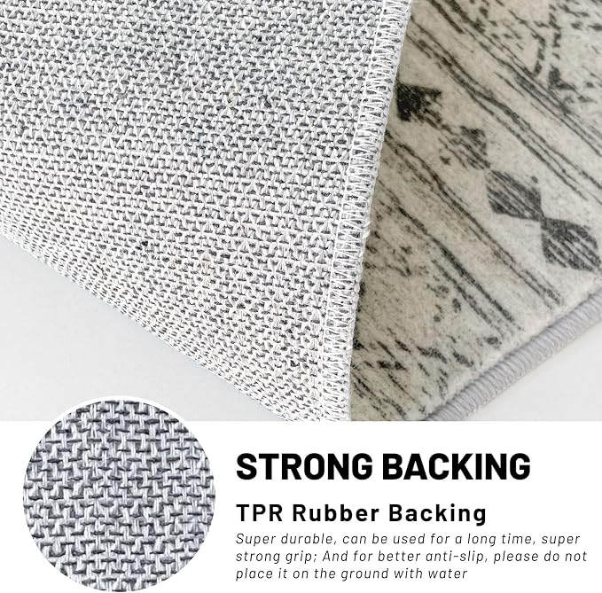 KUTA Moroccan Washable Runner Rug, 2x7 Non-Slip Vintage Grey White Boho Hallway - Image 6