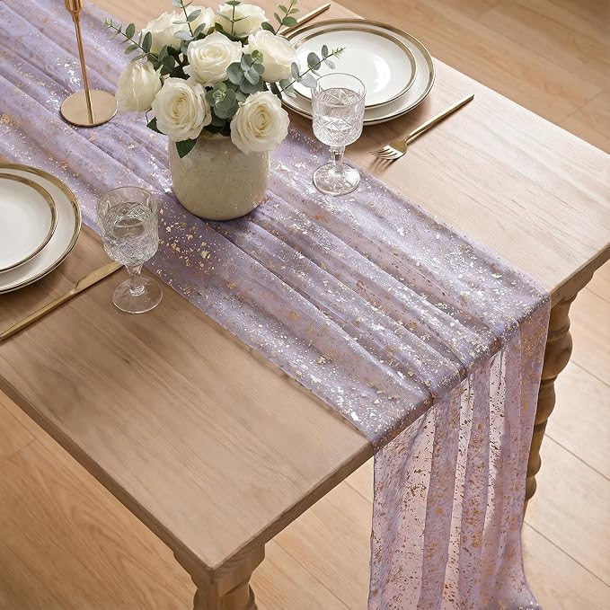 Artoid Mode 10Pcs Grayish Purple Gauze Gold Table Runner 10FT, Glitter Metallic - Image 4