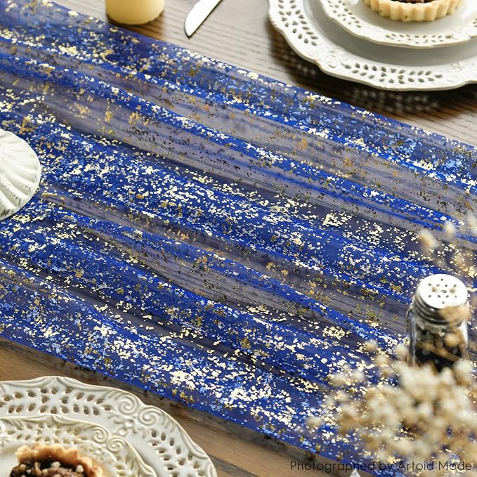 Artoid Mode Blue Gold Gauze Table Runner 120 Inch 10FT, Glitter Metallic Foil - Image 6