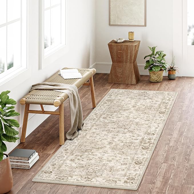 3x7 Washable Neutral Runner Rug Beige Vintage Hallway Kitchen Carpet Non-Slip by WondRg