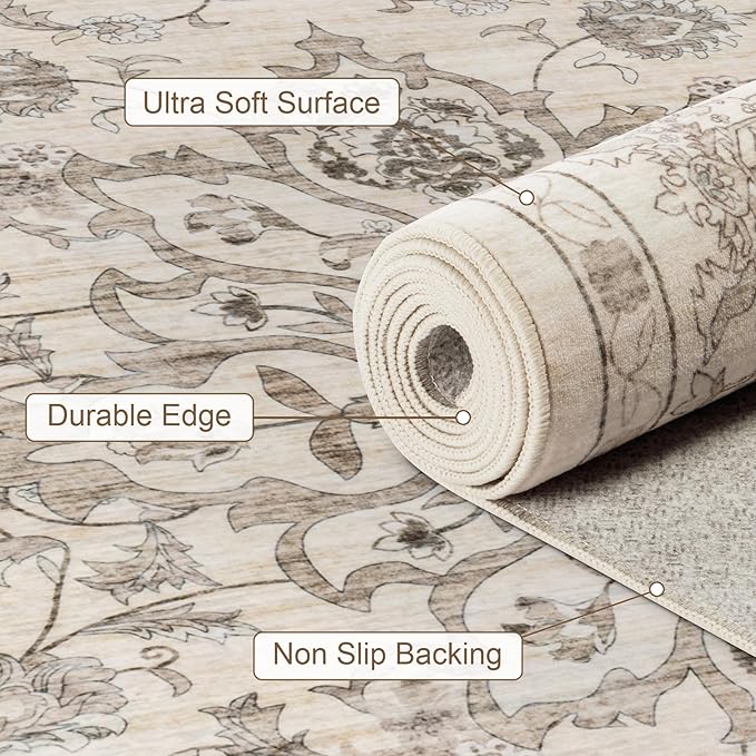 8x10 Area Rugs for Living Room: Washable Rug Soft Vintage Distressed Floral - Image 7