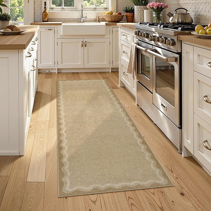 LIVEBOX Scalloped Washable 2x6 Kitchen Runner Rug, Easy Jute Geometric Tan Rug - Image 2