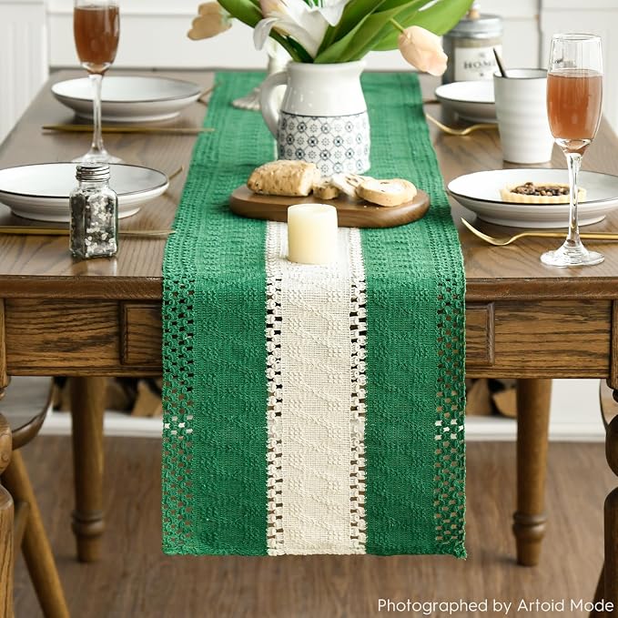 Artoid Mode Emerald Green Farmhouse Woven Table Runner 12x60 Inch | Holiday - Image 2