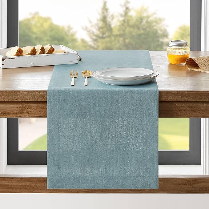 Linen Textured Border Table Runner, 14 x 48 Inch Blue | Mitered Corner Design by ZEEMARTONLINE