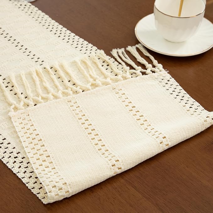 Boho Cream Table Runner, 12x36 Inches | Tassels, Summer Farmhouse, Woven Cotton - Image 4