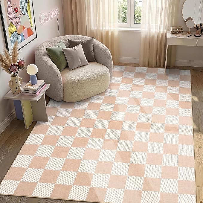 GarveeHome Checkered Blush Beige Neutral 6x9 Area Rug Washable Geometric Modern - Image 3