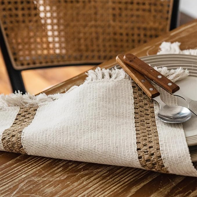 Boho Placemats Set of 6, 12x18 Inch Natural Cotton Burlap and Kitchen Woven - Image 4