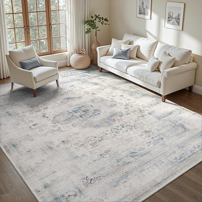 DCX 9x12 Haze Blue Rug, Machine Washable Stain Resistant Distressed Vintage Rug by DCXWashableRug
