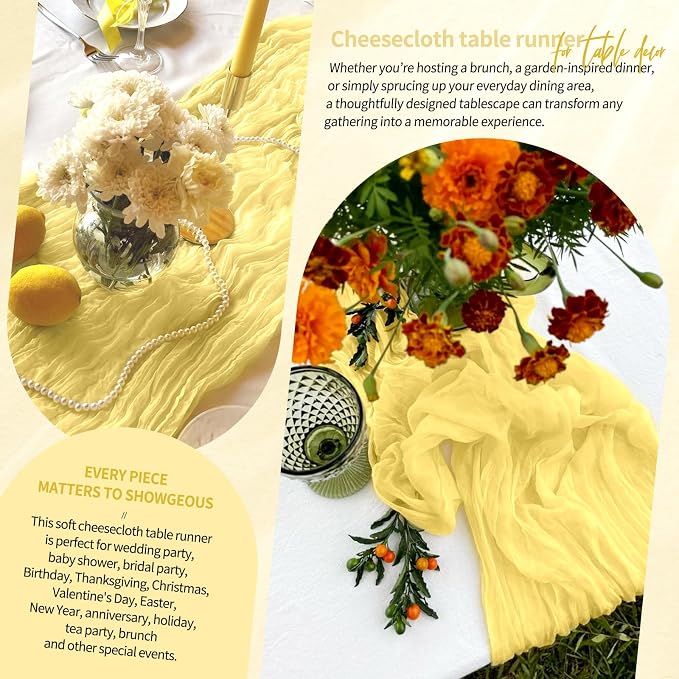 Showgeous 2 Pack Light Yellow Cheesecloth Table Runners Boho Wedding Decor | - Image 8