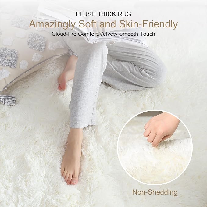 KICHOWUA Thick Area Rug 5x8 Cream White Fluffy Shag - Image 2