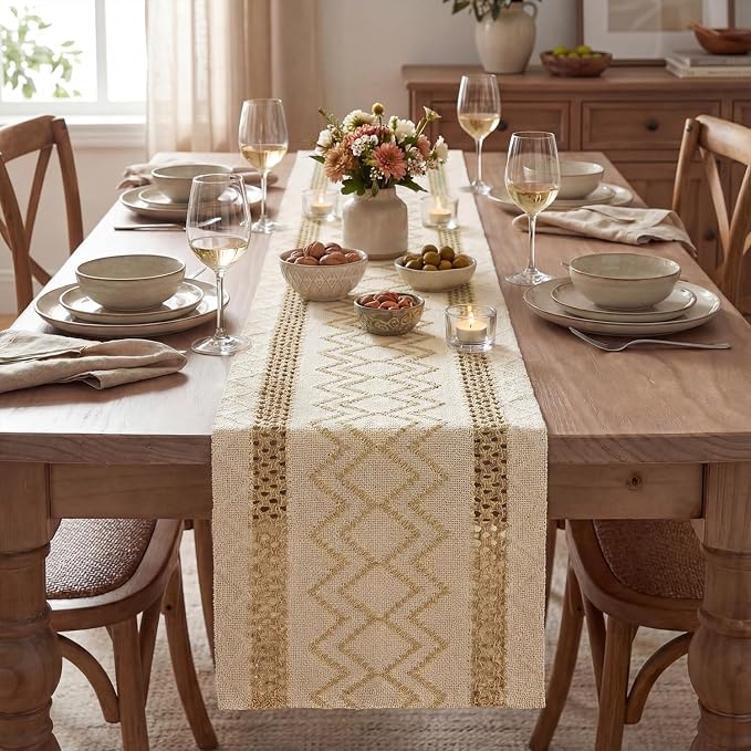 Artoid Mode Burlap Brown Stripe Diamond Woven Table Runner 12x48 Inch | Holiday - Image 2