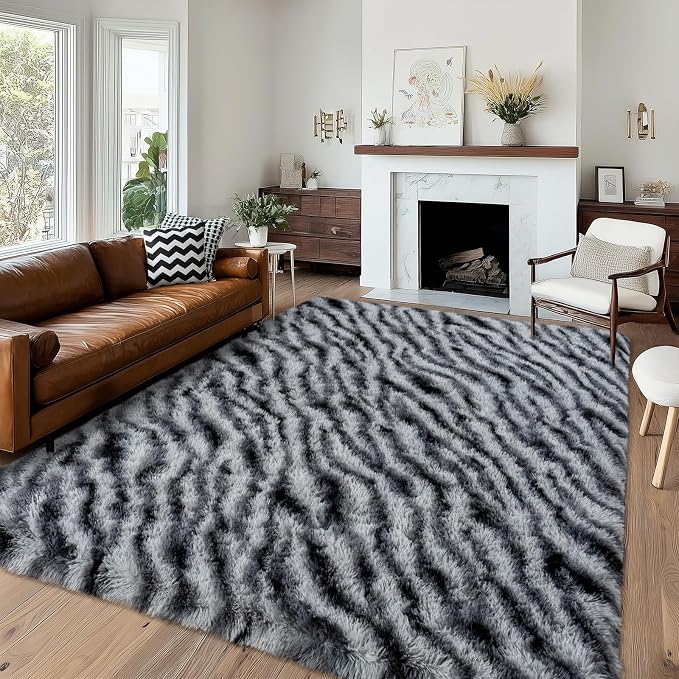 Fluffy Rugs for Bedroom Living Room, 4x6 Feet Zebra Black and White Shag Area by WISHTREE