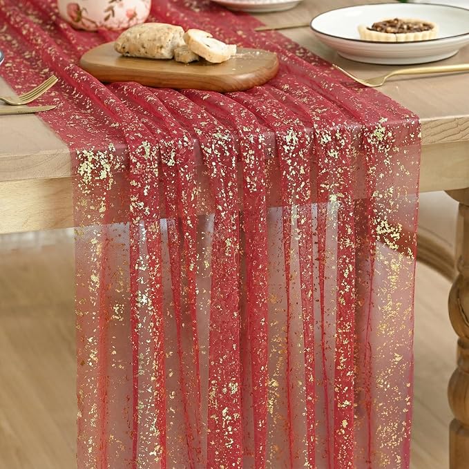 Artoid Mode Red Gold Gauze Table Runner 59x120 Inch 10FT, Glitter Metallic Foil by ArtoidMode