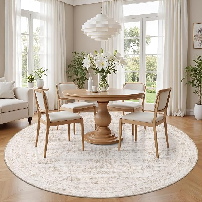 Round Area Rug for Living Room: 8 ft Washable Vintage Boho Soft Thin Circle Rug - Image 3