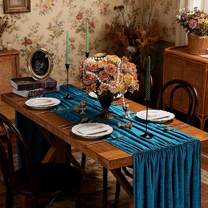 Peacock Blue Velvet Table Runner 29x120 Inch Luxury Retro Thick Runners | 3 - Image 5