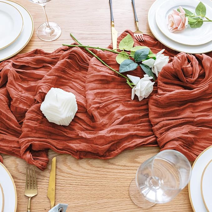 Cheesecloth Fall Table Runner Terracotta 10FT Boho Gauze, 3 Pack | 120 Inch - Image 5