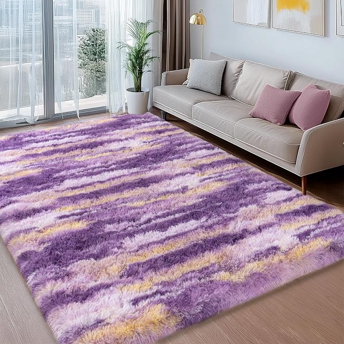 Shag Rugs for Living Room 9x12, Ultra Soft Abstract Purple Big Fuzzy Rugs for - Image 3