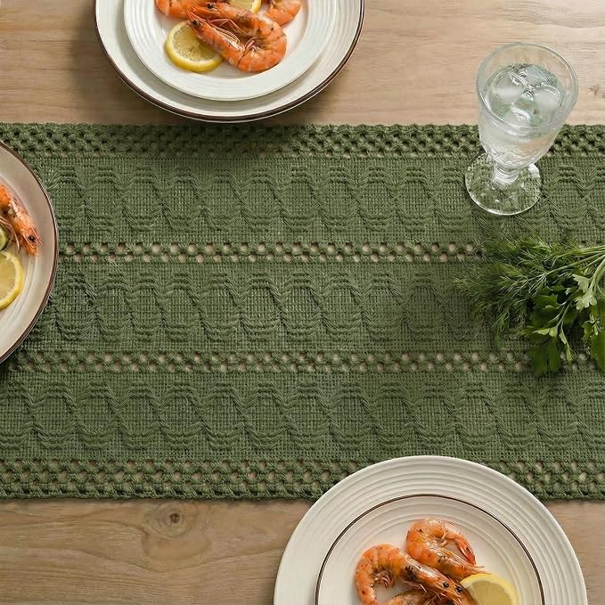 Artoid Mode Army Green Woven Farmhouse Hollow Table Runner 12x120 Inch | - Image 5