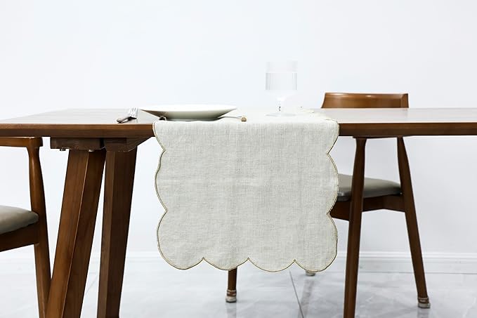 100% Natural Linen Rustic Scalloped Embroidery Table Runner 132 Inches Long by AORISSI