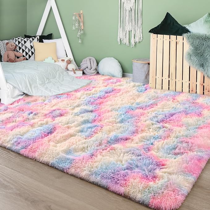 FlyDOIT Large Area Rugs for Living Room, 5x8 Feet Tie-Dyed Rainbow Shaggy Rug - Image 8