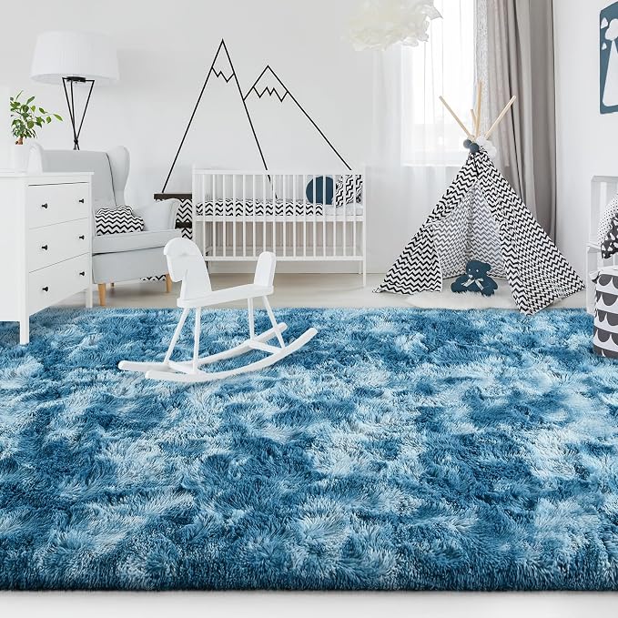 FlyDOIT Large Area Rugs for Living Room, 4x6 Feet Tie-Dyed Dark Blue Shaggy Rug - Image 4