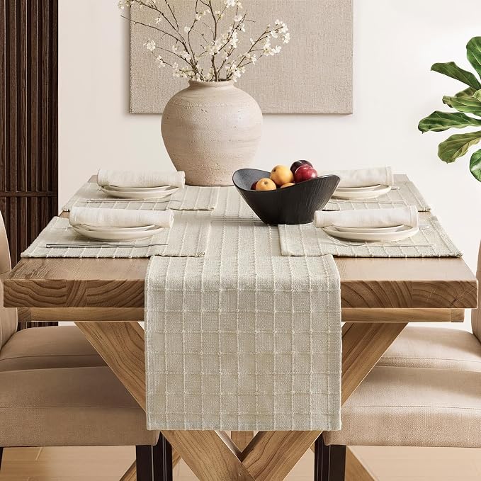 Artisanal Grid Linen Table Runner, 13x36 Inches Neutral Beige | Heavy Textured - Image 4
