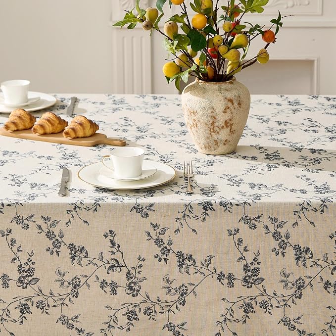 jinchan Black Farmhouse Floral Linen Square Table Cloth 52 x 52 Inch | Vintage - Image 2
