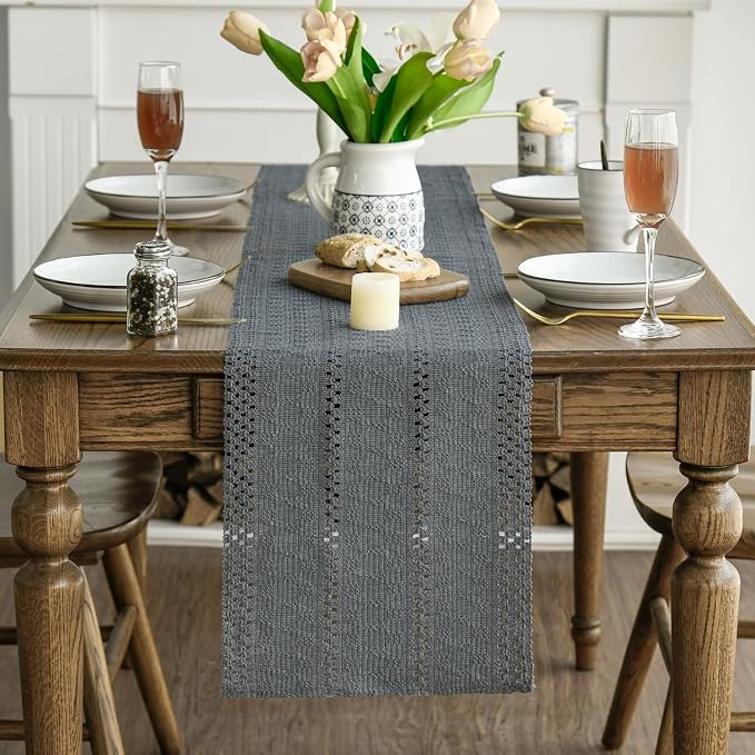 Artoid Mode Dark Grey Woven Farmhouse Hollow Table Runner 12x72 Inch | Holiday - Image 3