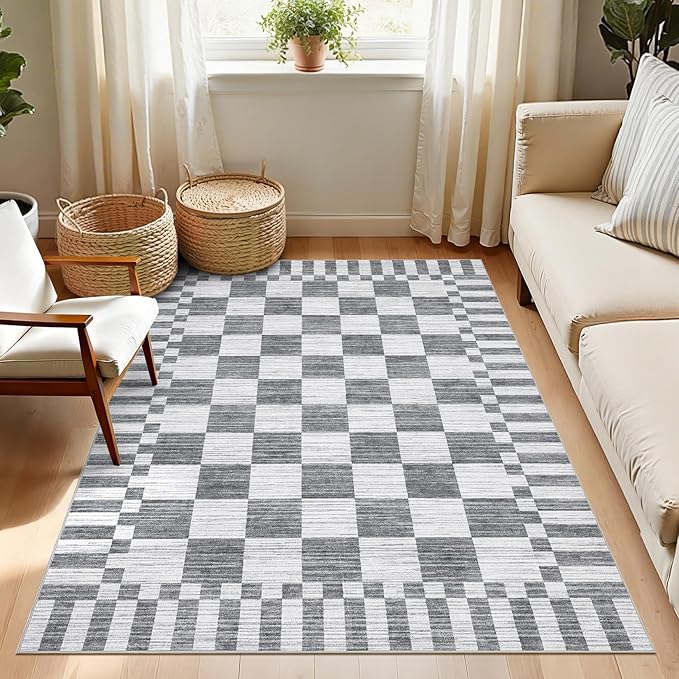 GarveeHome Grey Checkered Rug, Washable 3x5 Rug Non Slip by GarveeHome