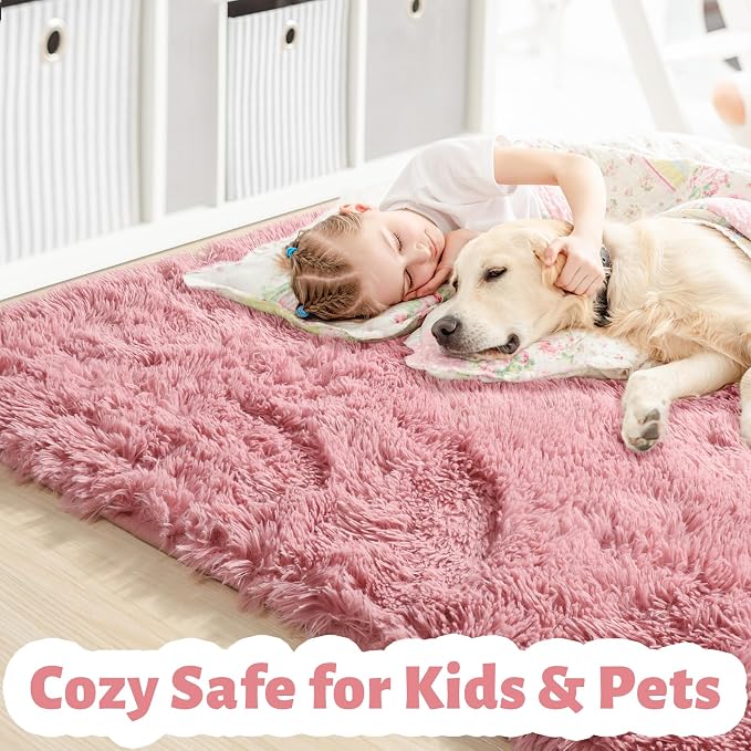 Amdrebio Blush Pink Area Rugs for Girls Bedroom, Furry Fluffy Cute Small Rug - Image 2