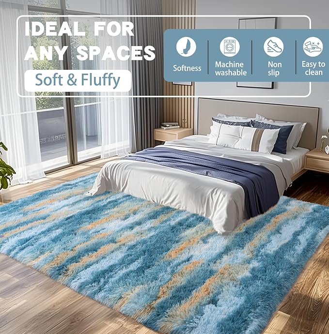Fluffy Rugs for Living Room, 6x9 Feet Abstract Blue Large Shag Area Rugs for - Image 4