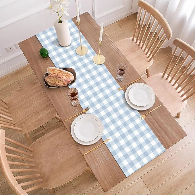 Dusty Blue Gingham Table Runner Light Blue Checkered Boy Girl Baby Shower - Image 3