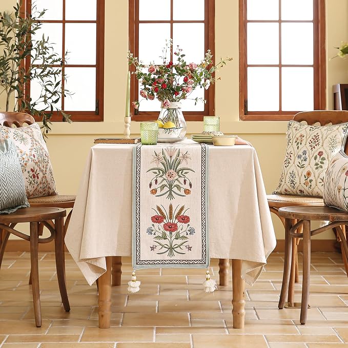 Designer Vintage Linen Extra Long Table Runner, Colorful Floral Pattern - Image 3