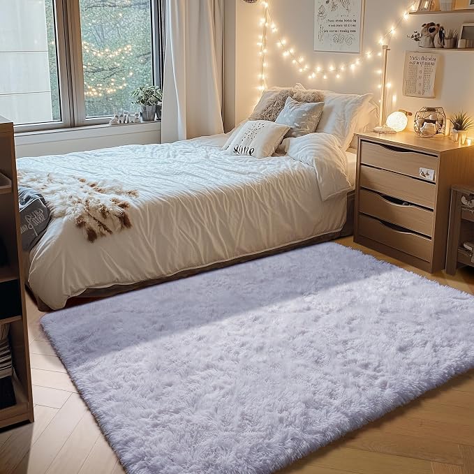 ONASAR White Rugs for Bedroom, 3x5 Fluffy Shaggy Bedside Area Rug, Soft Plush by ONASAR