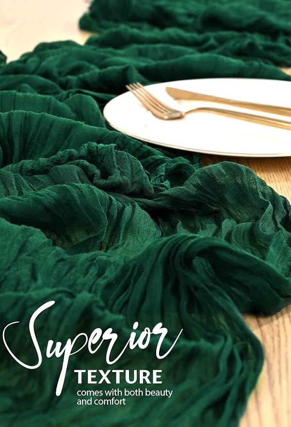 Showgeous 2 Pack Emerald Green Cheesecloth Table Runners Boho Wedding Decor | - Image 4