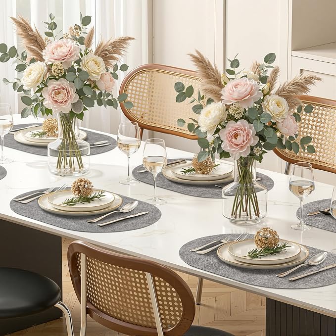 Placemats Set of 4, 11.8 x 17 Inch, Light Grey | Heat Resistant Oval Faux - Image 9