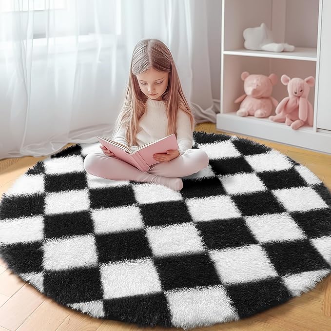 KICMOR Round Rugs 6ft for Bedroom Living Room, Large Plush Checkered Circular by KICMOR