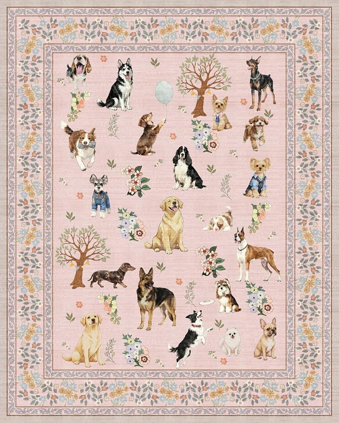 Pink Dogs Area Rugs 9x12 Living Room Washable Rug, Non Slip Floral Low Pile by WelcometoBabovid