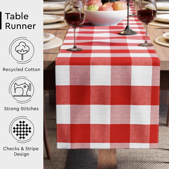 Encasa XO Table Runner, Woven Cotton Dining Runner 13"x59" | Buffalo Red Checks - Image 3