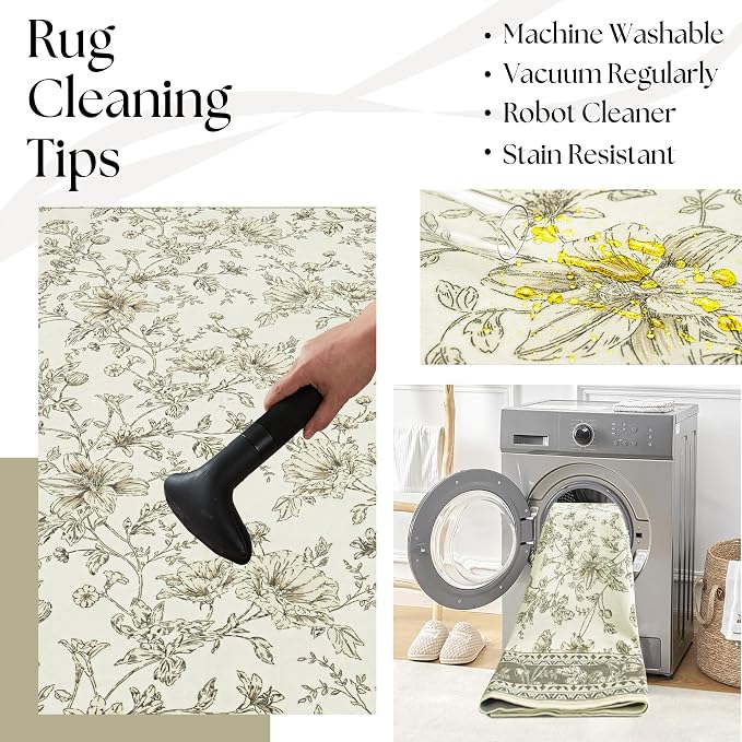 Greyish Beige Floral Rug 5x7 Machine Washable Area Rug - Image 4