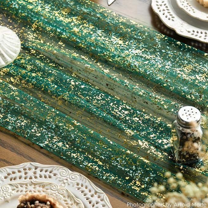 Artoid Mode 3PCS Green Gold Gauze Table Runner 120 Inch 10FT, Glitter Metallic - Image 6