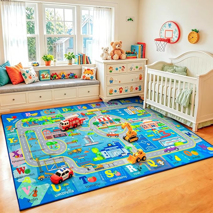 Chicrug 9x12 Car Road Area Rug for Kids Playroom Bedroom, Non Slip Low Pile - Image 4