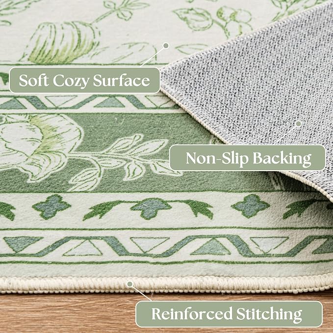 BILEEHOME Floral Area Rug for Bedroom 5x8 Sage Green and Cream Beige Vintage - Image 3