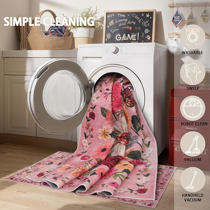 Floral Machine Washable Rug Pink, 3x5 Rug Non Slip Soft Bedroom Rugs - Image 6