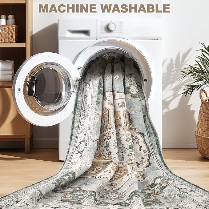 8x10 Washable Area Rug: Vintage Neutral Soft Non Slip Thin Large Floor Carpet - Image 5