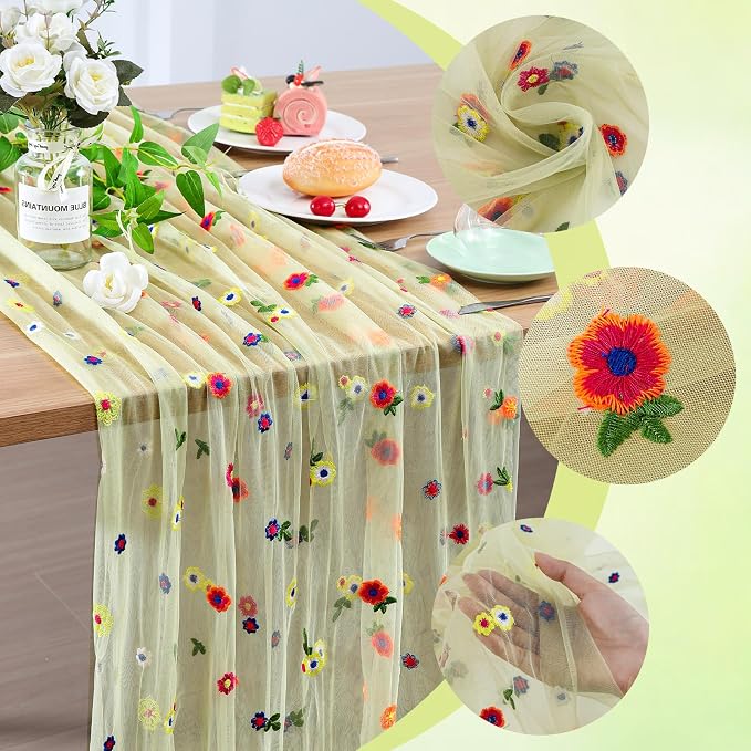 BINBE 3pcs Daisy Spring Table Runner Embroidery Gauze 10FT Florals Seasonal - Image 3